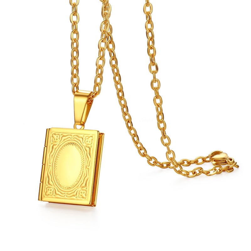 OIDEA Locket Necklace for Women Men: Stainless Steel Vintage Religious Bible Book Photo Locket Necklaces that Holds Pictures Jewelry Gifts Chain 22 Inch Gold - Image 1